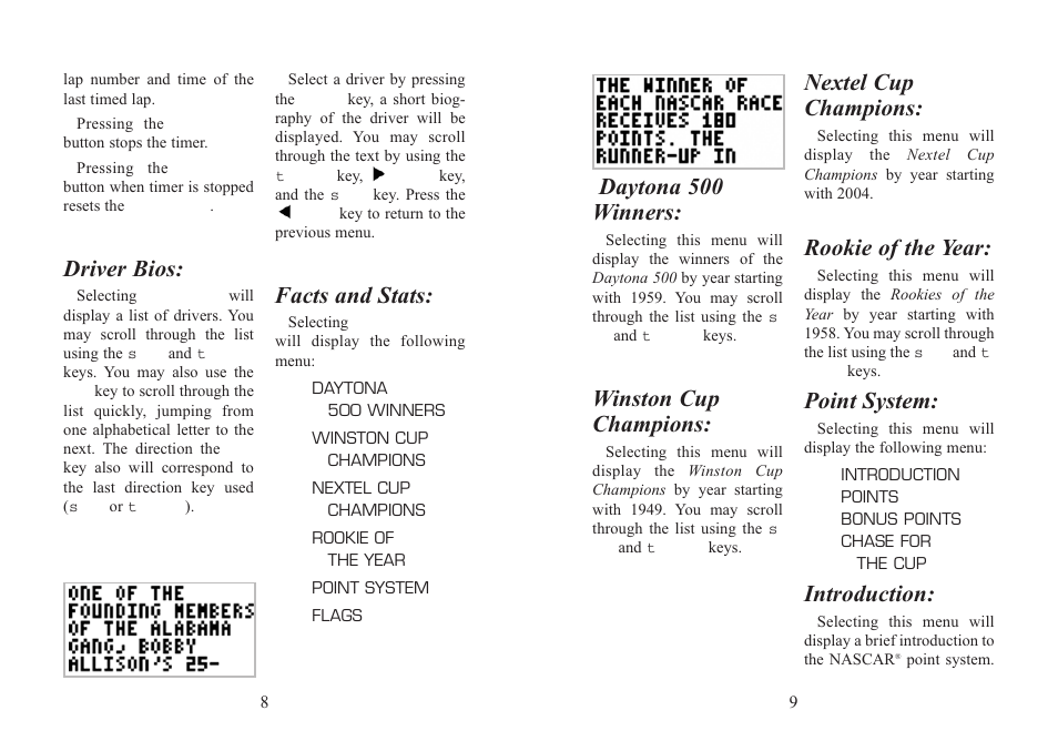 Driver bios, Facts and stats, Daytona 500 winners | Winston cup champions, Nextel cup champions, Rookie of the year, Point system, Introduction | EXCALIBUR 501 NASCAR Racing Pro User Manual | Page 5 / 11