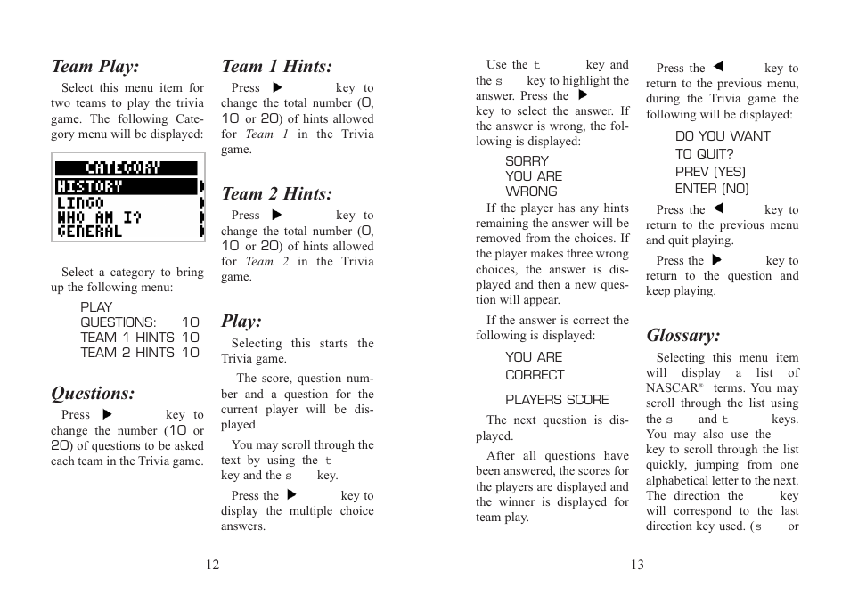 Team play, Questions, Team 1 hints | Team 2 hints, Play, Glossary | EXCALIBUR 501 NASCAR Racing Pro User Manual | Page 7 / 11