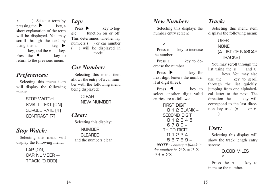 Preferences, Stop watch, Car number | Clear, New number, Track, User | EXCALIBUR 501 NASCAR Racing Pro User Manual | Page 8 / 11