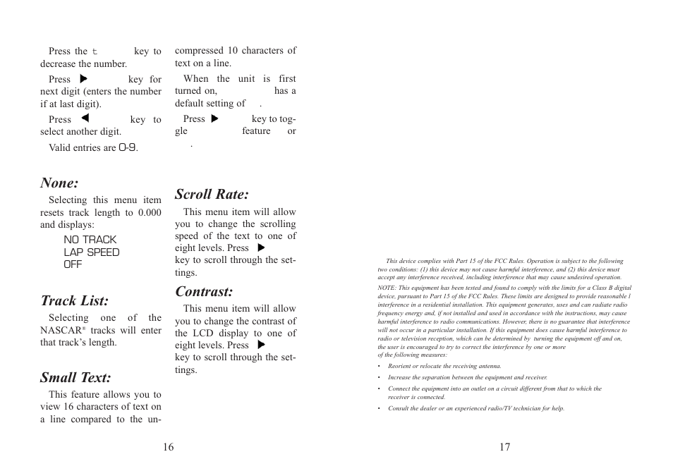 None, Track list, Small text | Scroll rate, Contrast | EXCALIBUR 501 NASCAR Racing Pro User Manual | Page 9 / 11