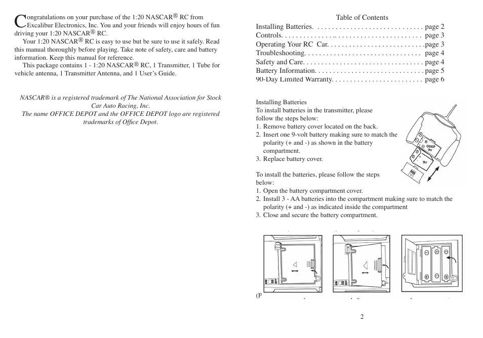 EXCALIBUR 9507-3 NASCAR Dale Earnhardt No. 3 Radio Control Car 1:20 Scale User Manual | Page 2 / 5