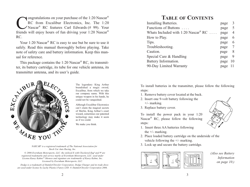 Installing batteries, Able of, Ontents | EXCALIBUR 9507-9 NASCAR Kasey Kahne No. 9 Radio Control Car 1:20 Scale User Manual | Page 2 / 7