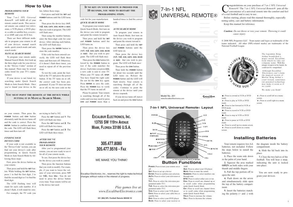 EXCALIBUR 201-NFL NFL Universal TV Remote Control User Manual | 4 pages