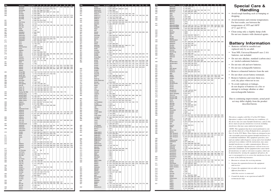 Special care & handling, Battery information | EXCALIBUR 201-NFL NFL Universal TV Remote Control User Manual | Page 3 / 4