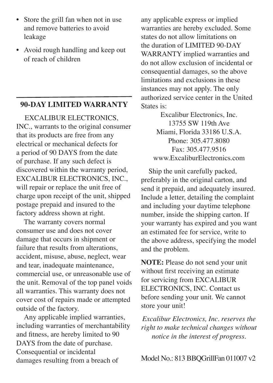EXCALIBUR 813 BBQ Grill Fan User Manual | Page 2 / 2