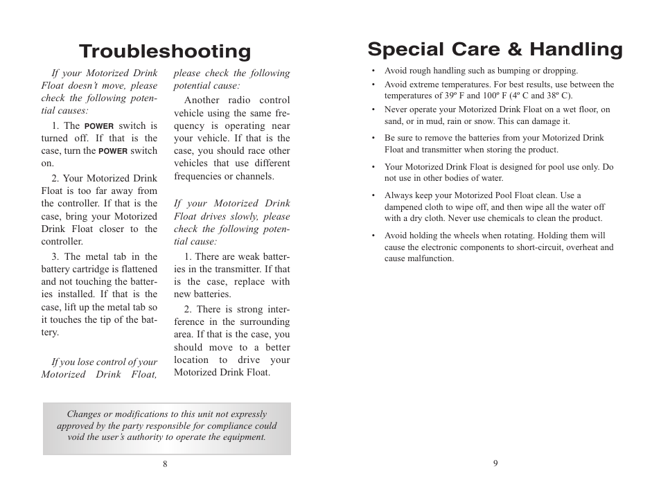 Special care & handling, Troubleshooting | EXCALIBUR PR640 RC Motorized Drink Float User Manual | Page 5 / 7