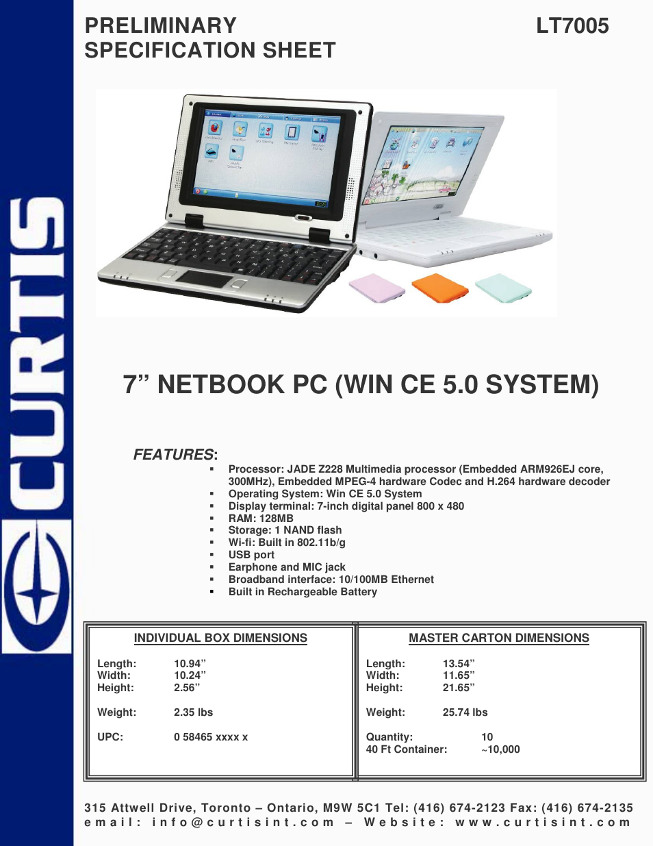 Curtis NETBOOK PC LT7005 User Manual | 1 page