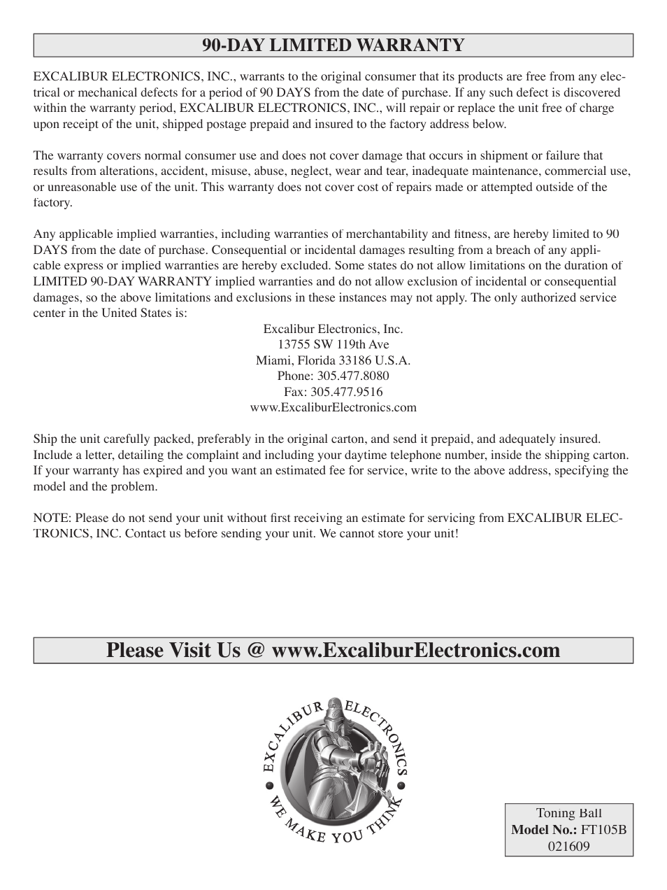 Day limited warranty | EXCALIBUR FT105B Fox Sports Core Stability Ball User Manual | Page 4 / 4