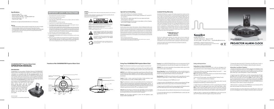 EXCALIBUR 134BK SoundMaster Projection Alarm Clock User Manual | 1 page