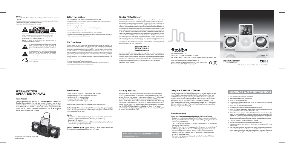 EXCALIBUR 182 SoundMaster Cube User Manual | 1 page