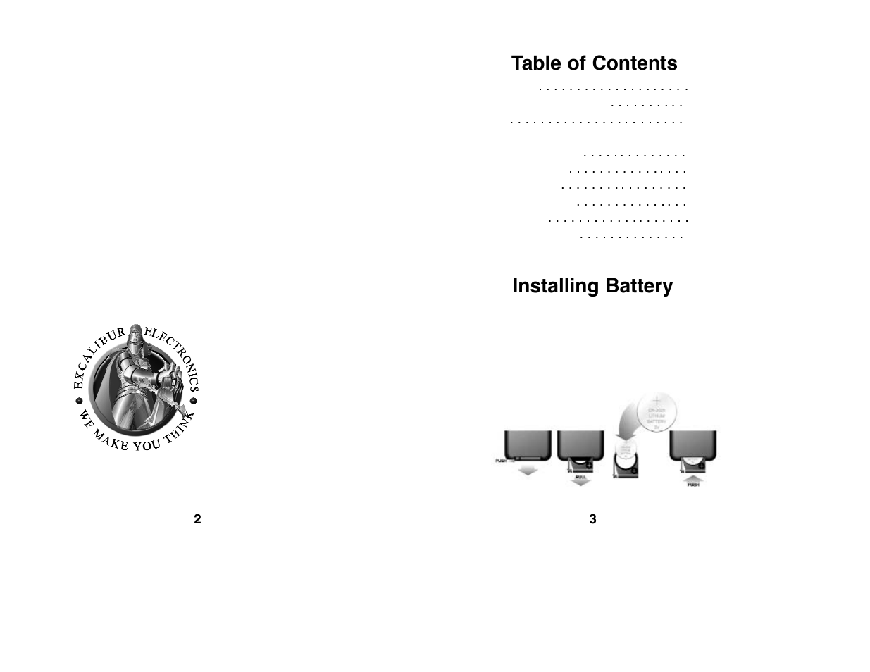 Installing battery table of contents | EXCALIBUR 184 iBlaster Music System User Manual | Page 2 / 11