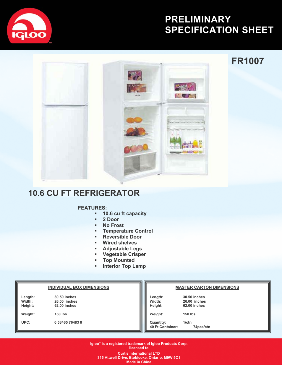 Curtis FR1007 User Manual | 1 page