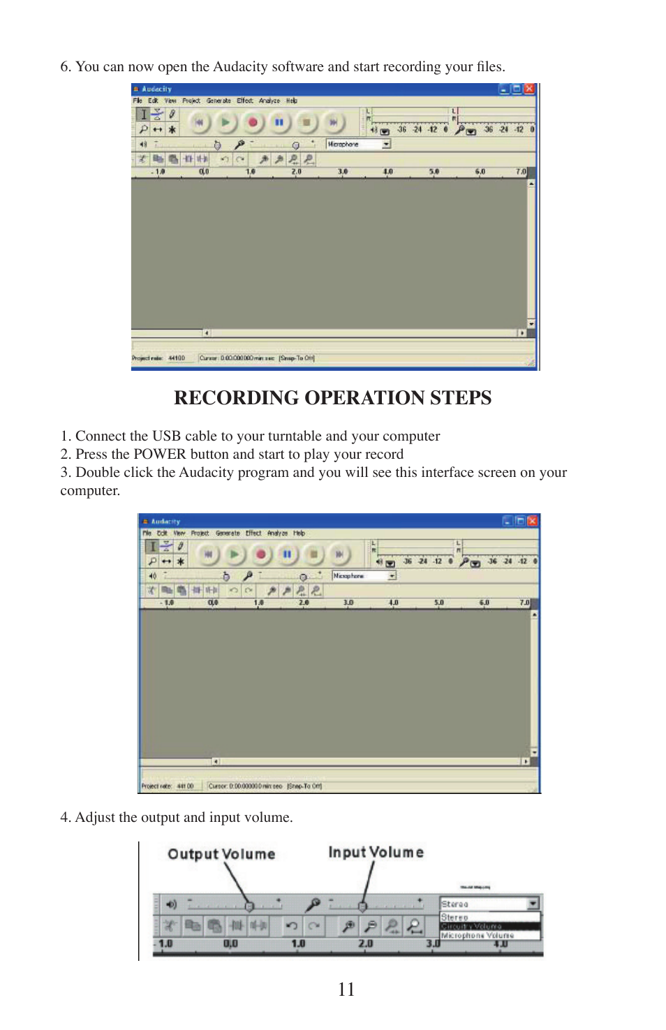 Recording operation steps | EXCALIBUR 491 SoundMaster Classic USB Turntable User Manual | Page 11 / 20