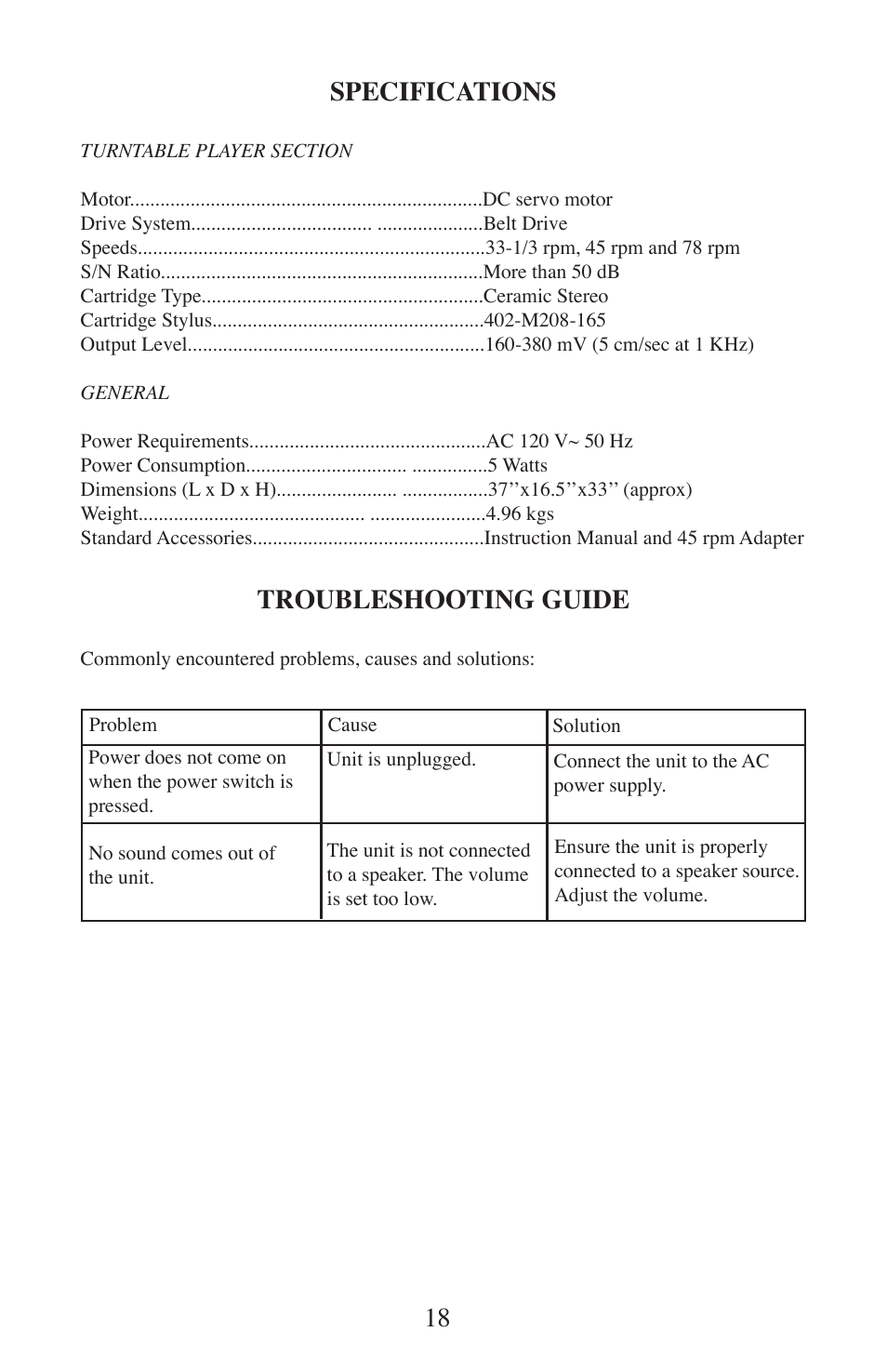 Specifications, Troubleshooting guide | EXCALIBUR 491 SoundMaster Classic USB Turntable User Manual | Page 18 / 20