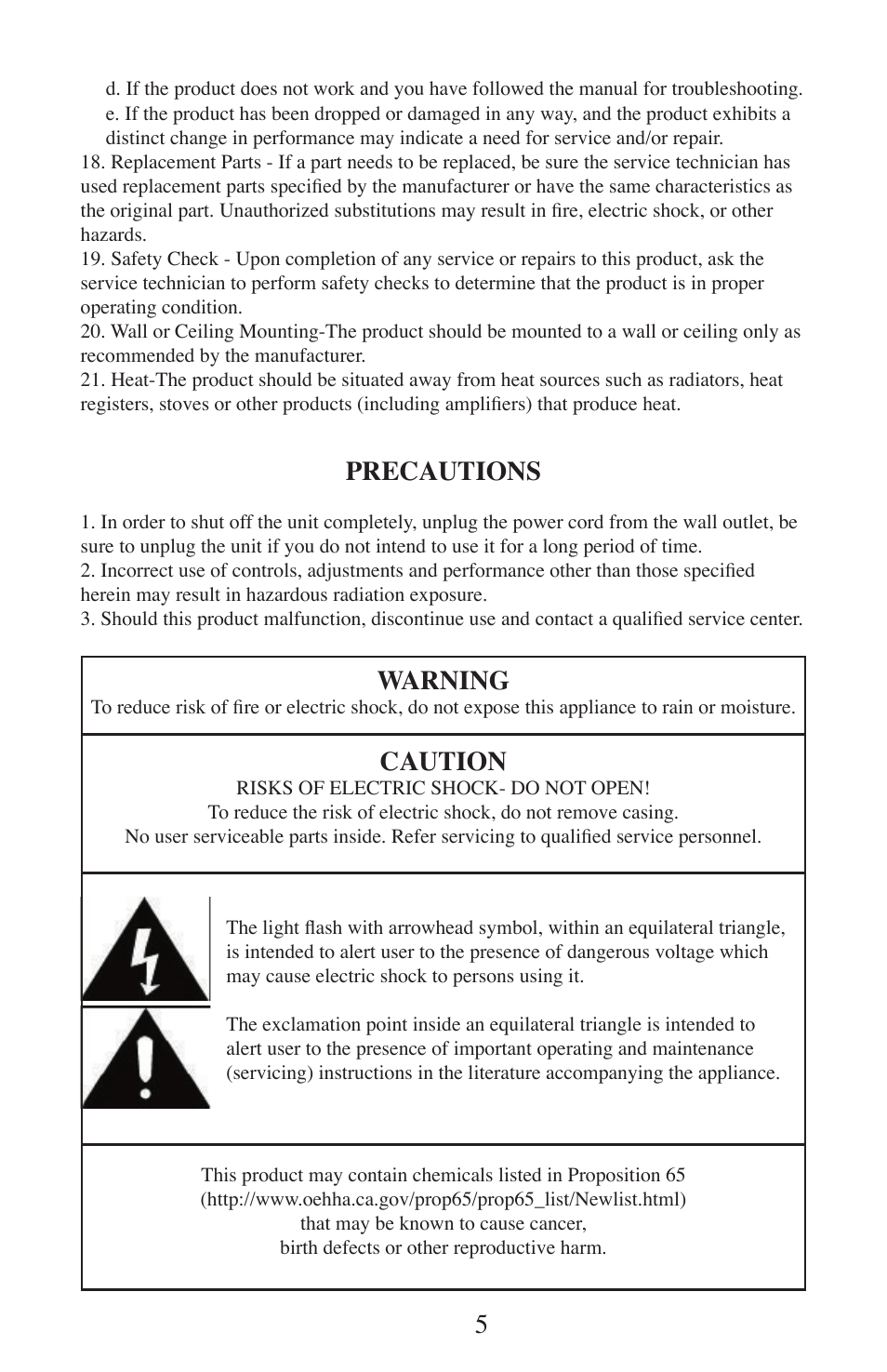 Precautions, Warning, Caution | EXCALIBUR 491 SoundMaster Classic USB Turntable User Manual | Page 5 / 20