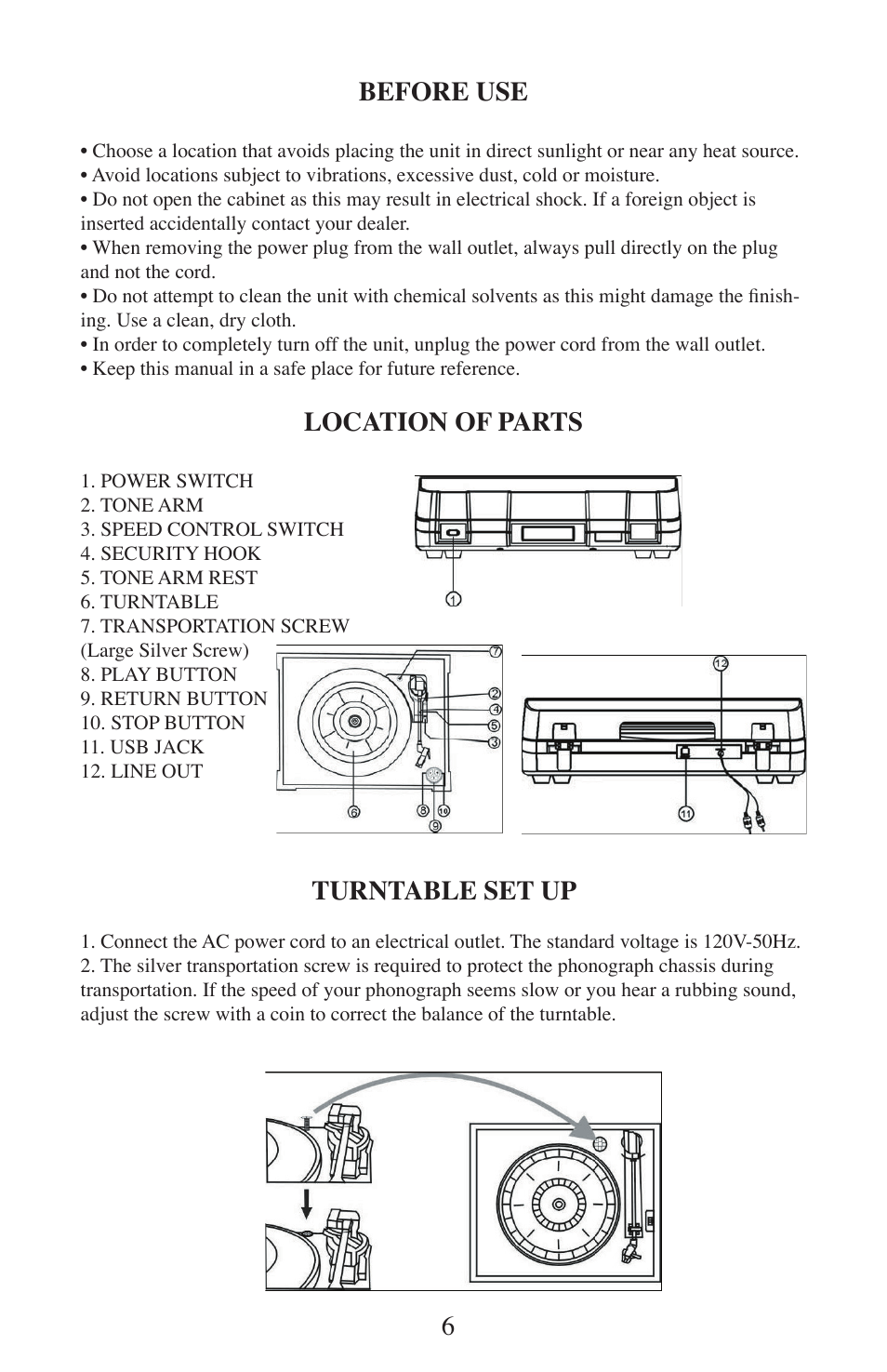Before use, Location of parts, Turntable set up | EXCALIBUR 491 SoundMaster Classic USB Turntable User Manual | Page 6 / 20