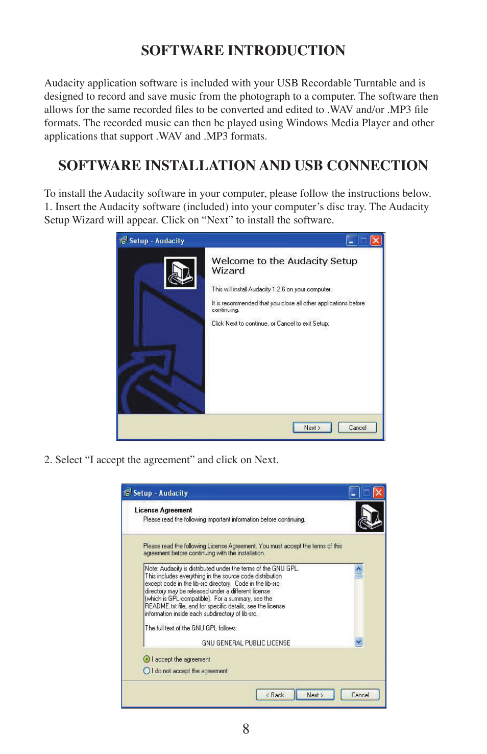 Software introduction, Software installation and usb connection | EXCALIBUR 491 SoundMaster Classic USB Turntable User Manual | Page 8 / 20