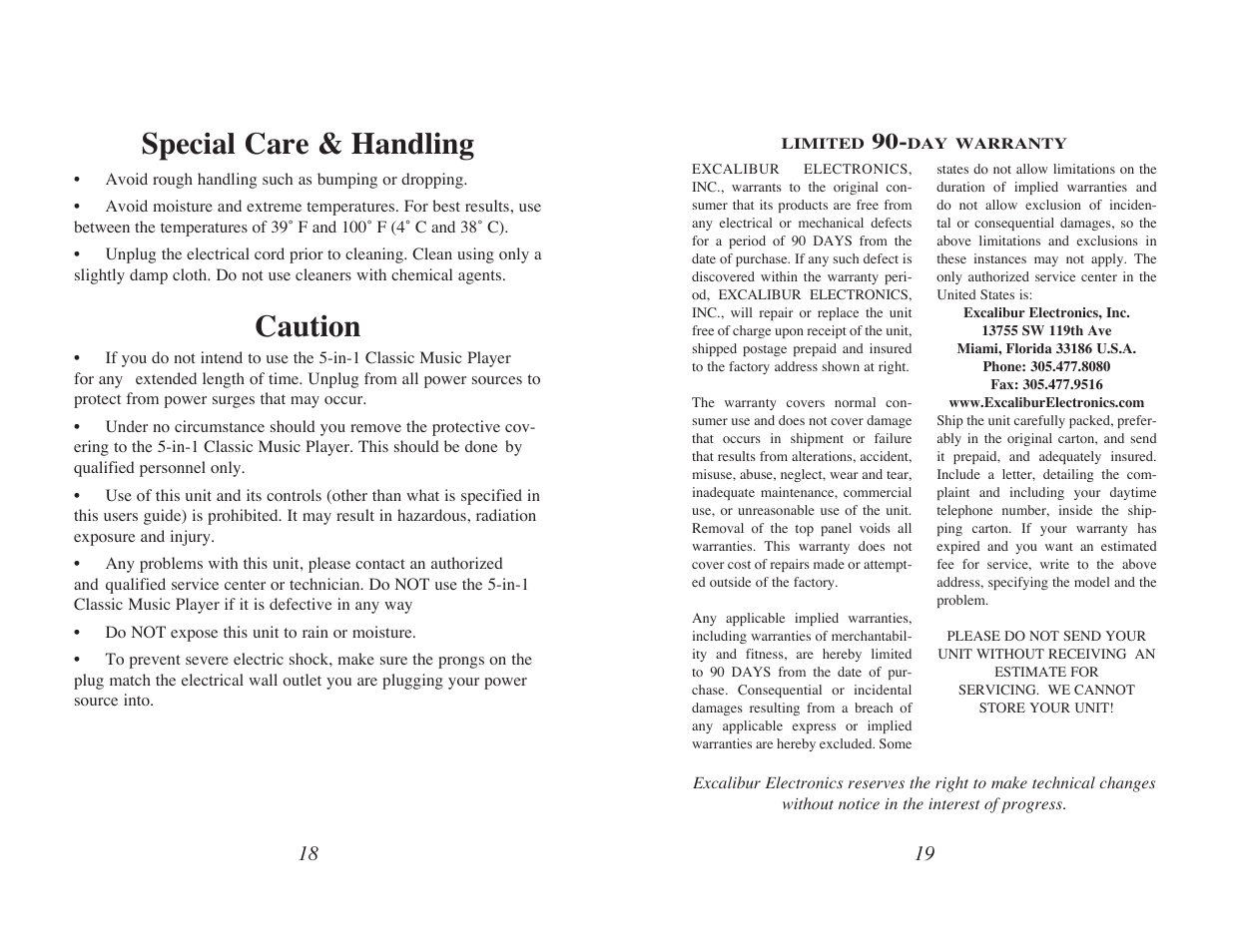Caution, Special care & handling | EXCALIBUR RD70-OA SoundMaster Classic 5-in-1 Music Center User Manual | Page 10 / 11