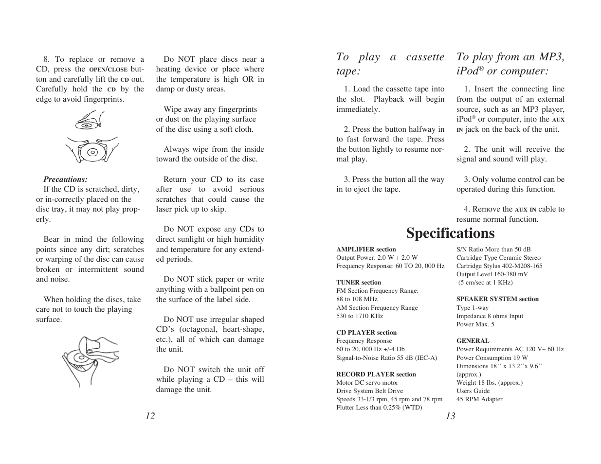 Specifications, Or computer | EXCALIBUR RD70-OA SoundMaster Classic 5-in-1 Music Center User Manual | Page 7 / 11