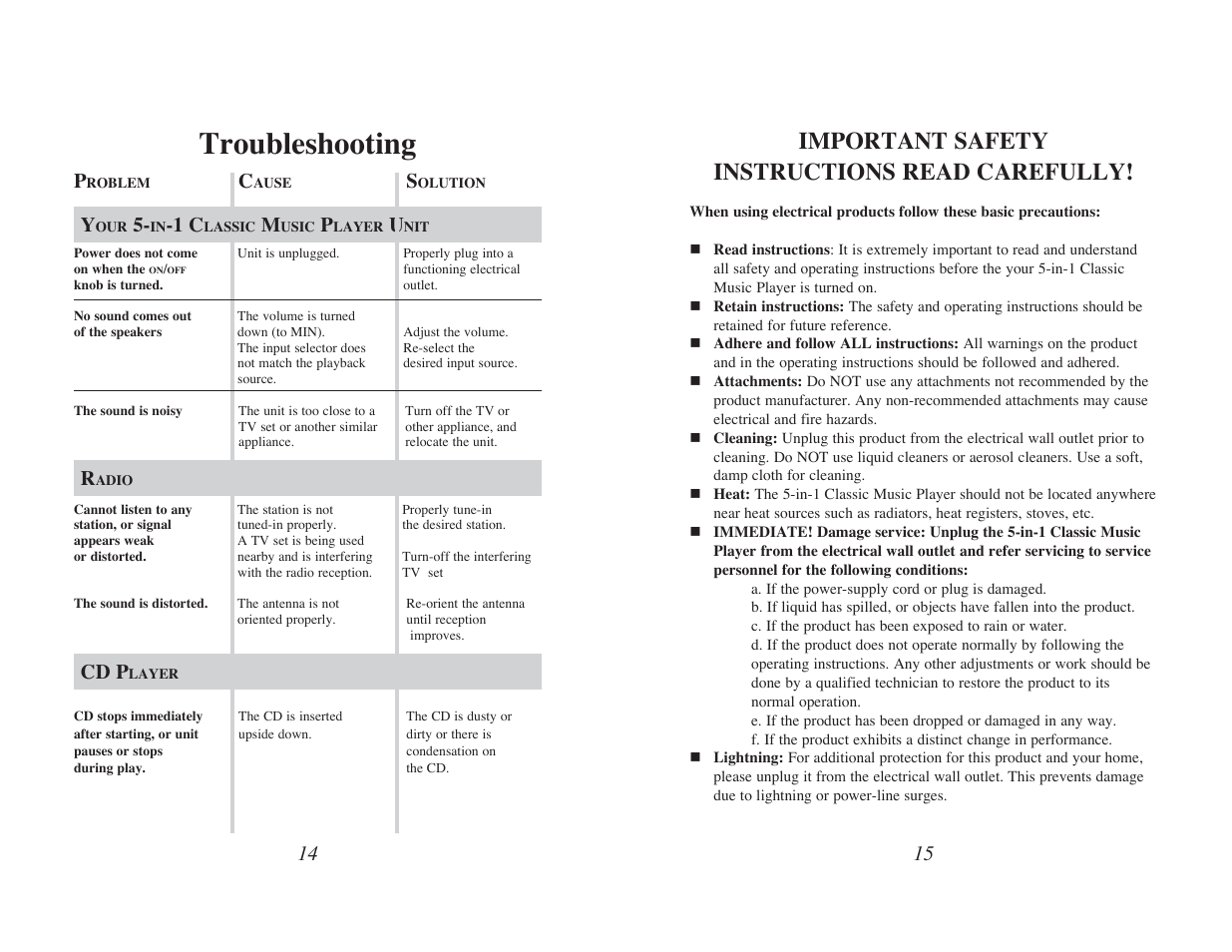 Troubleshooting, Important safety instructions read carefully, Cd p | EXCALIBUR RD70-OA SoundMaster Classic 5-in-1 Music Center User Manual | Page 8 / 11