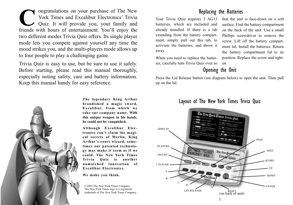 Replacing the batteries, Layout of the new york times trivia quiz, Opening the unit | EXCALIBUR 458 The New York Times QuizMaster User Manual | Page 2 / 7