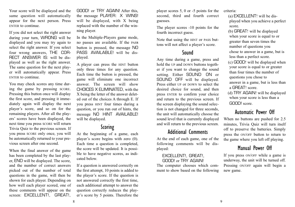 Sound, Additional comments, Automatic power off | Manual power off, Scoring | EXCALIBUR 458 The New York Times QuizMaster User Manual | Page 5 / 7