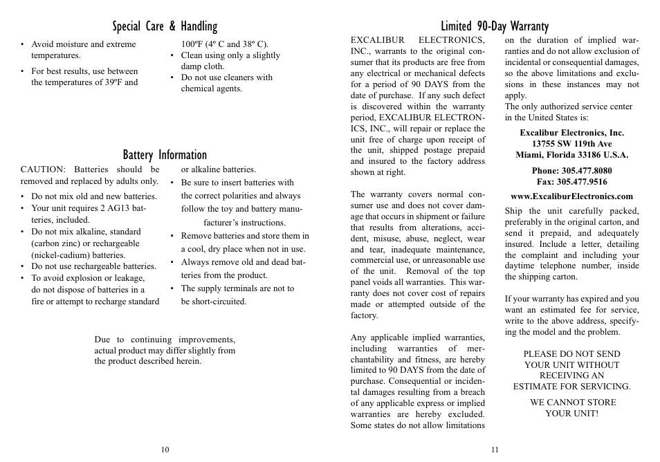 Limited 90-day warranty special care & handling, Battery information | EXCALIBUR 458 The New York Times QuizMaster User Manual | Page 6 / 7