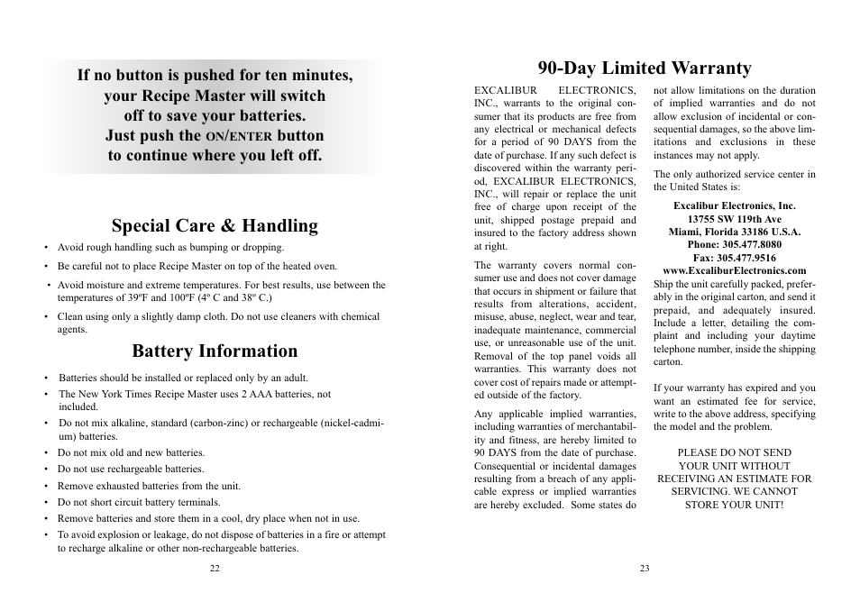 Special care & handling battery information, Day limited warranty, Button to continue where you left off | EXCALIBUR 457 The New York Times Recipe Master User Manual | Page 12 / 13