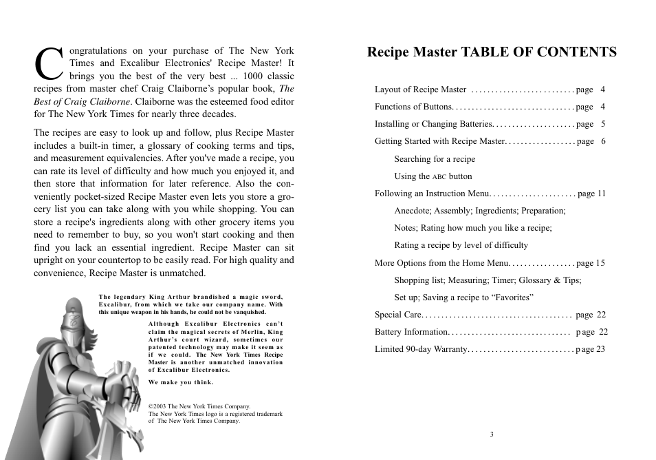 Recipe master table of contents | EXCALIBUR 457 The New York Times Recipe Master User Manual | Page 2 / 13