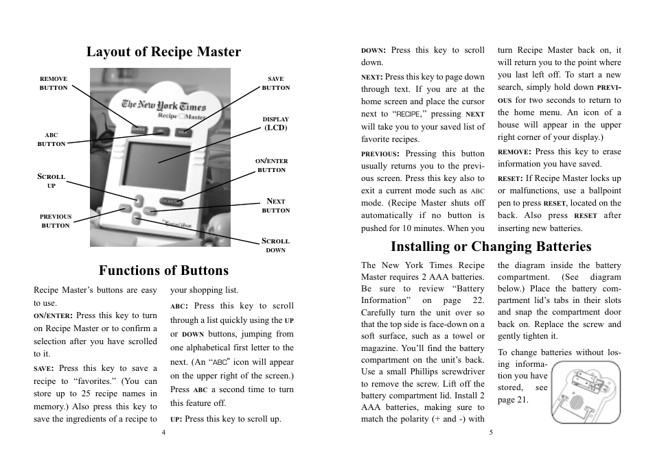 Functions of buttons, Installing or changing batteries, Layout of recipe master | EXCALIBUR 457 The New York Times Recipe Master User Manual | Page 3 / 13