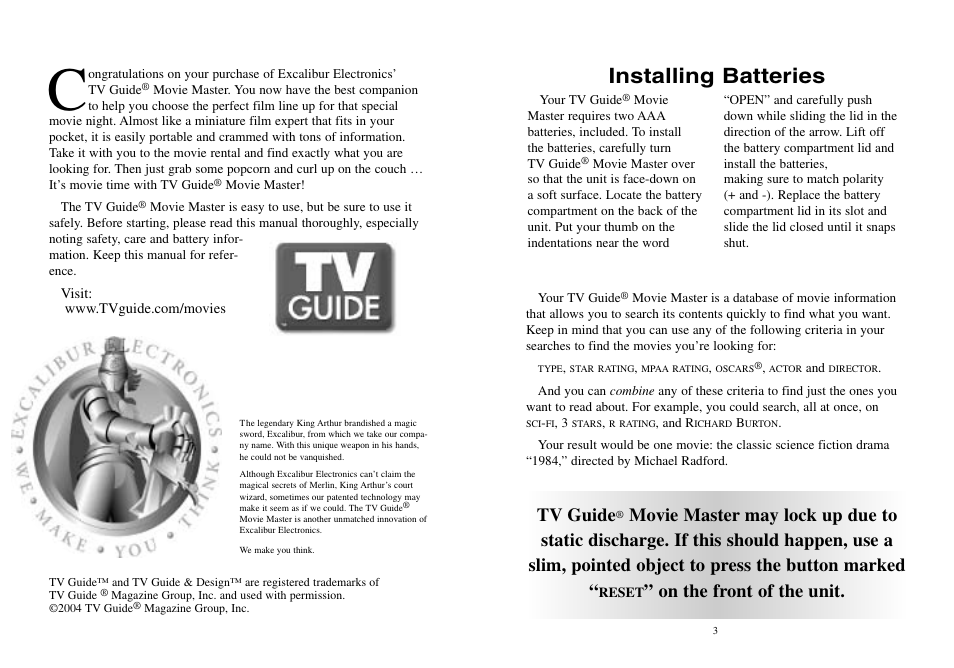 Installing batteries, Tv guide, On the front of the unit | EXCALIBUR TV10 TV Guide Movie Master User Manual | Page 2 / 7