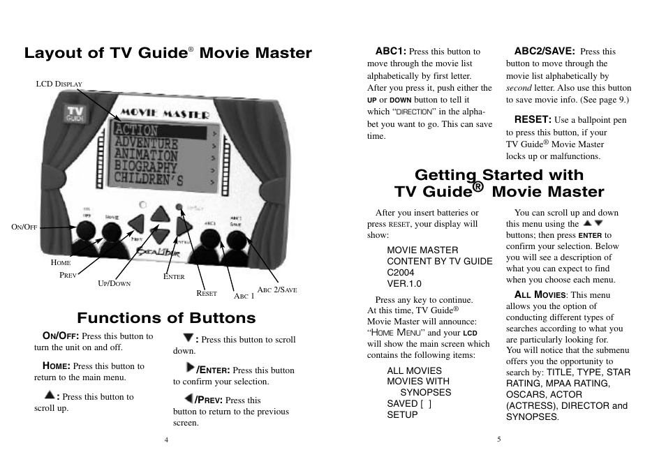 Layout of tv guide, Movie master, Functions of buttons | Getting started with tv guide® movie master | EXCALIBUR TV10 TV Guide Movie Master User Manual | Page 3 / 7