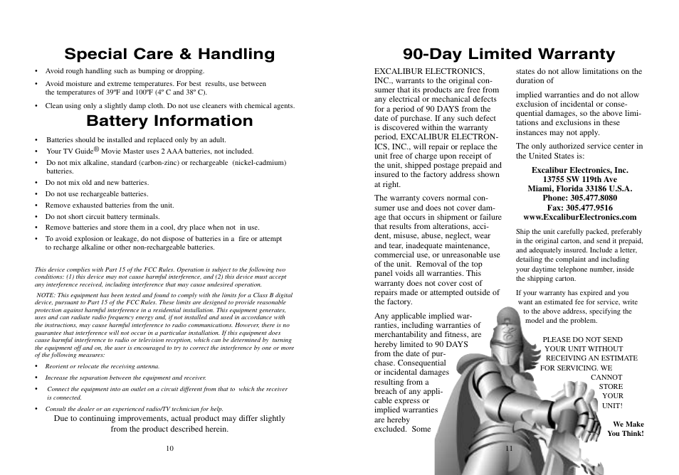 Day limited warranty battery information, Special care & handling | EXCALIBUR TV10 TV Guide Movie Master User Manual | Page 6 / 7