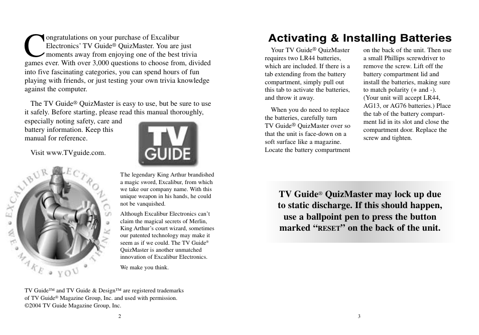 Activating & installing batteries, Tv guide, On the back of the unit | EXCALIBUR TV20 TV Guide Quiz Master User Manual | Page 2 / 8