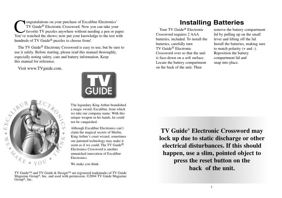 Installing batteries, Tv guide | EXCALIBUR TV30 TV Guide Electronic Crossword Puzzle User Manual | Page 2 / 8