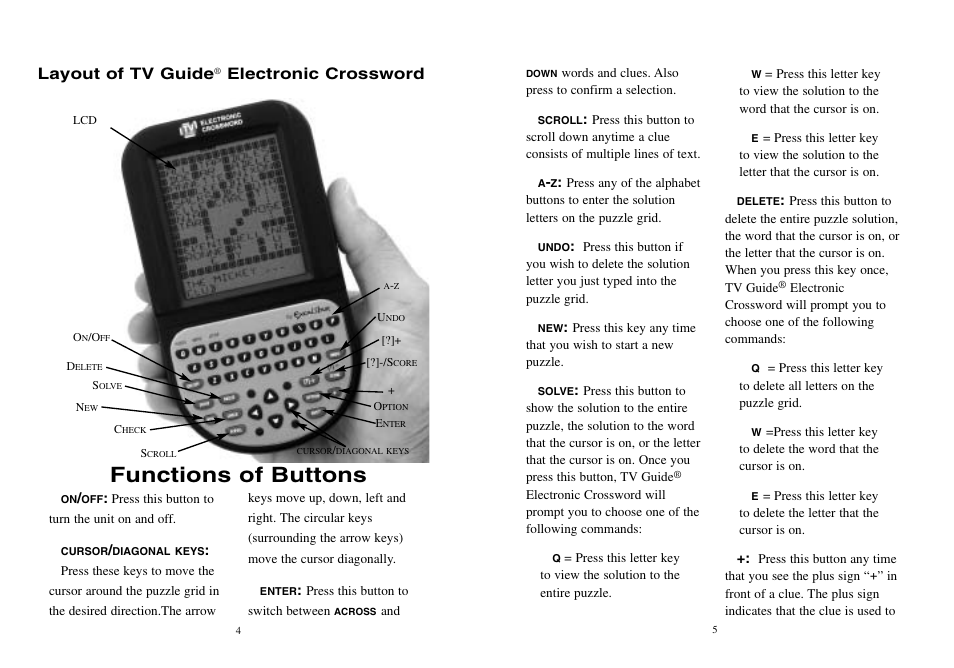 Functions of buttons | EXCALIBUR TV30 TV Guide Electronic Crossword Puzzle User Manual | Page 3 / 8