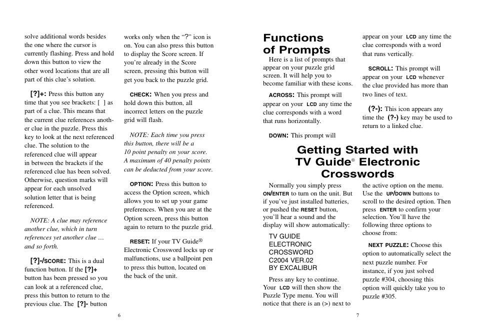 Functions of prompts, Getting started with tv guide, Electronic crosswords | EXCALIBUR TV30 TV Guide Electronic Crossword Puzzle User Manual | Page 4 / 8