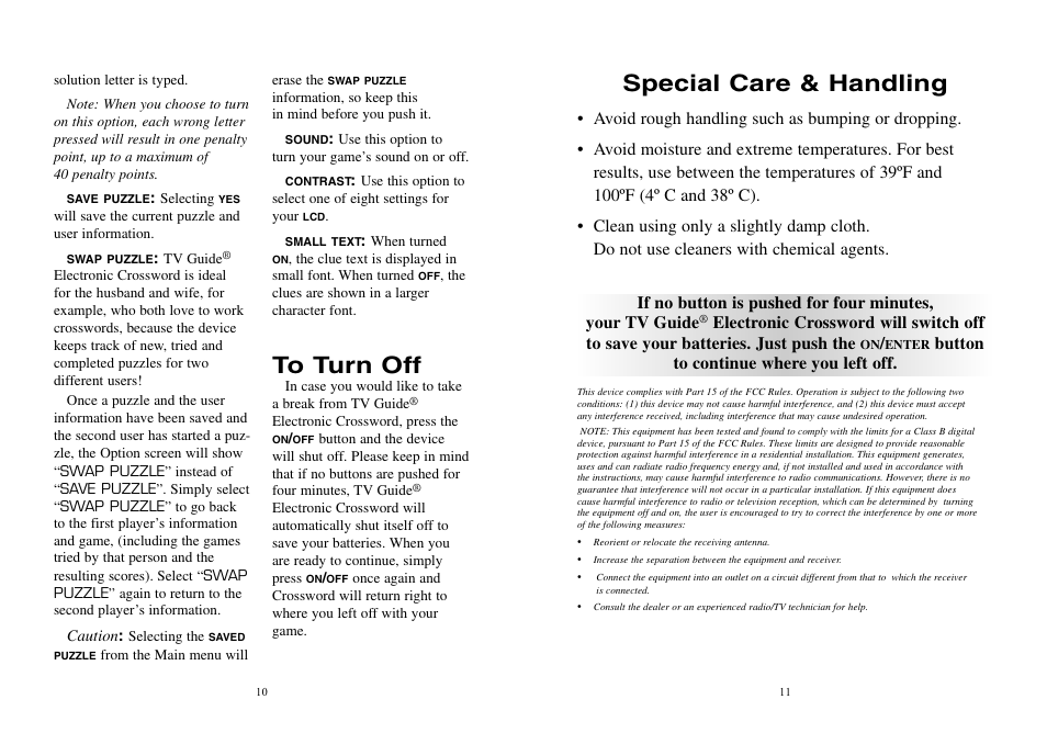 Special care & handling | EXCALIBUR TV30 TV Guide Electronic Crossword Puzzle User Manual | Page 6 / 8