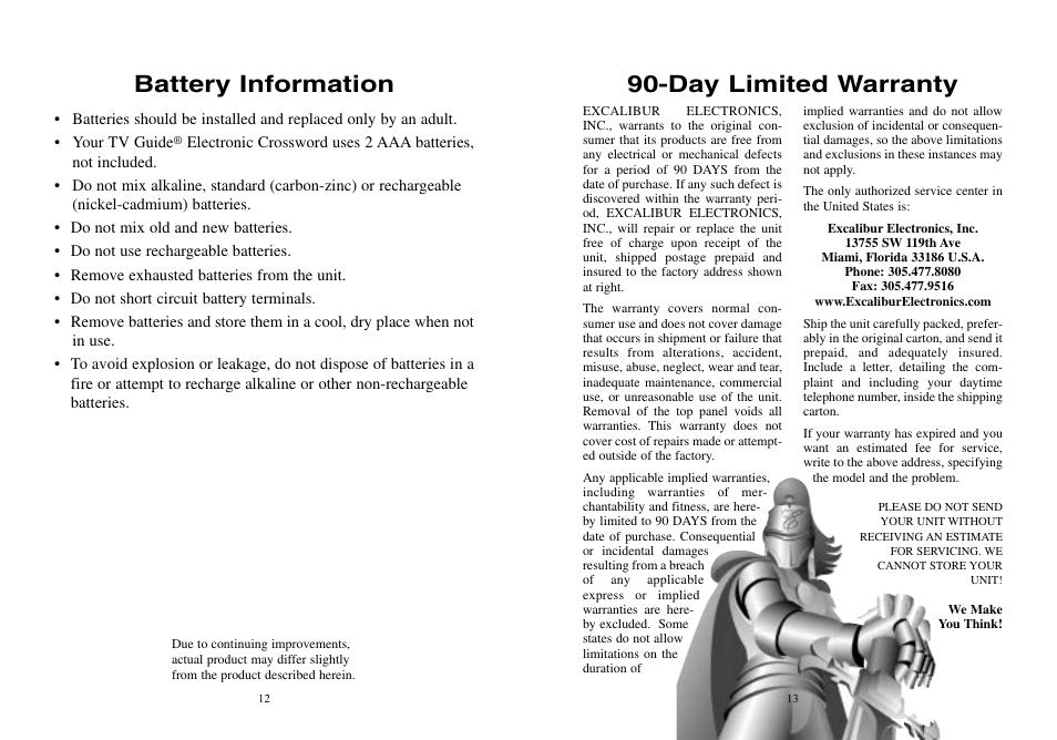 Day limited warranty battery information | EXCALIBUR TV30 TV Guide Electronic Crossword Puzzle User Manual | Page 7 / 8