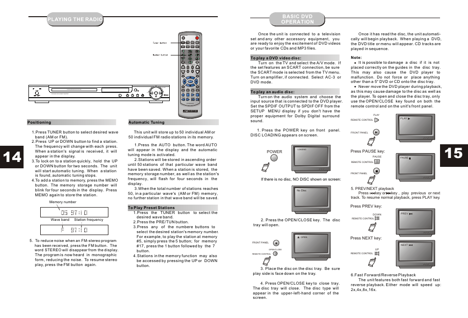 Т³гж 15, Dvd/cd/mp3/hdcd/cd-r/cd-rw down up volume, Playing the radio | Basic dvd operation | Curtis DVD6040 User Manual | Page 15 / 15