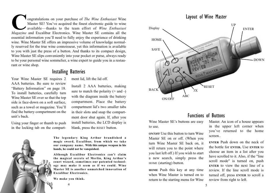 Installing batteries, Layout of wine master, Functions of buttons | EXCALIBUR 415-SE04 Wine Master Special Edition User Manual | Page 3 / 11