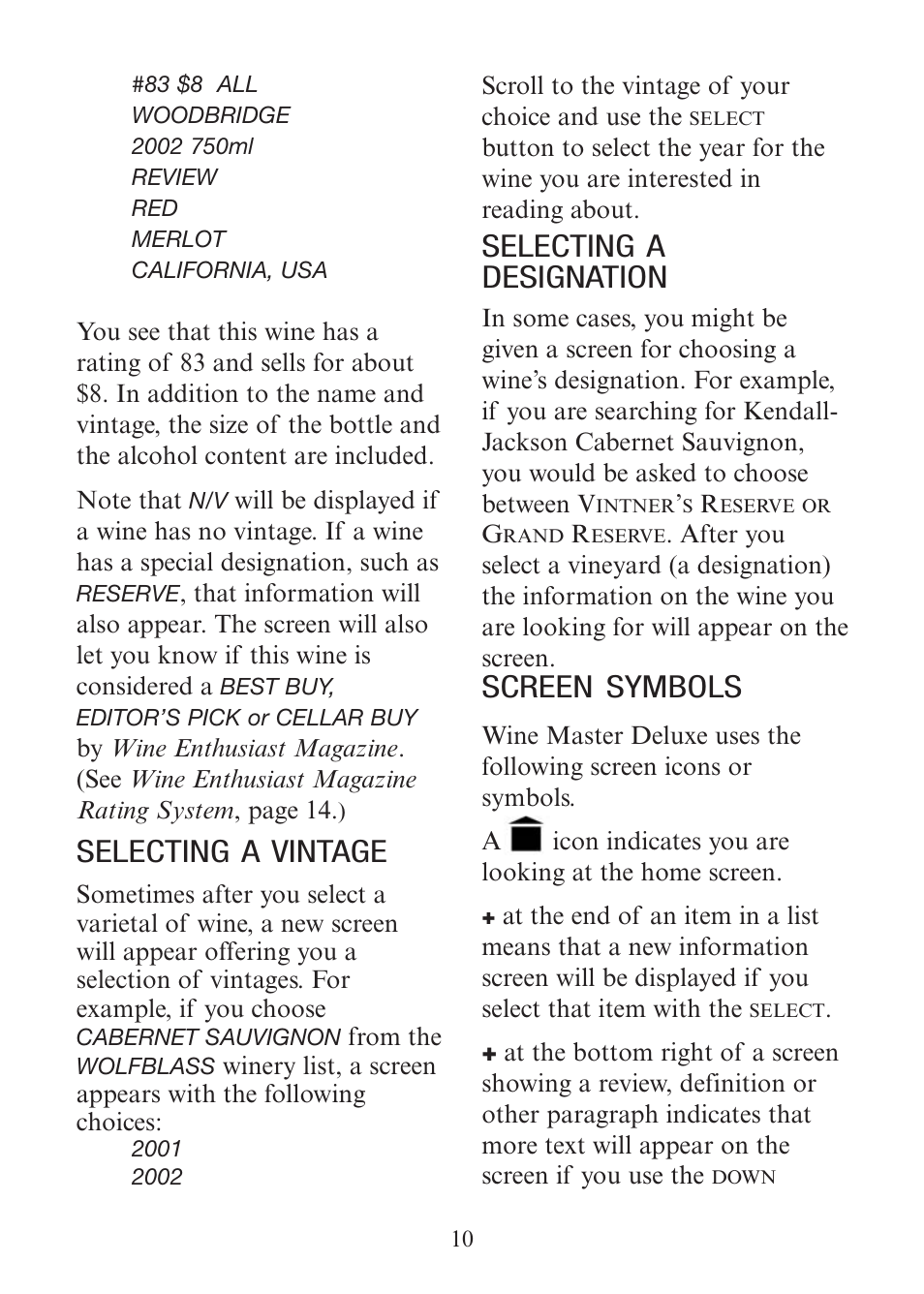 Selecting a vintage, Selecting a designation, Screen symbols | EXCALIBUR 415-06 Wine Master Deluxe Edition User Manual | Page 10 / 24