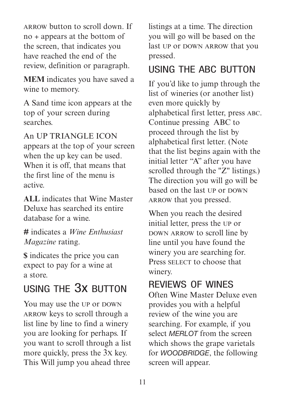 Using the, Button, Using the abc button | Reviews of wines | EXCALIBUR 415-06 Wine Master Deluxe Edition User Manual | Page 11 / 24