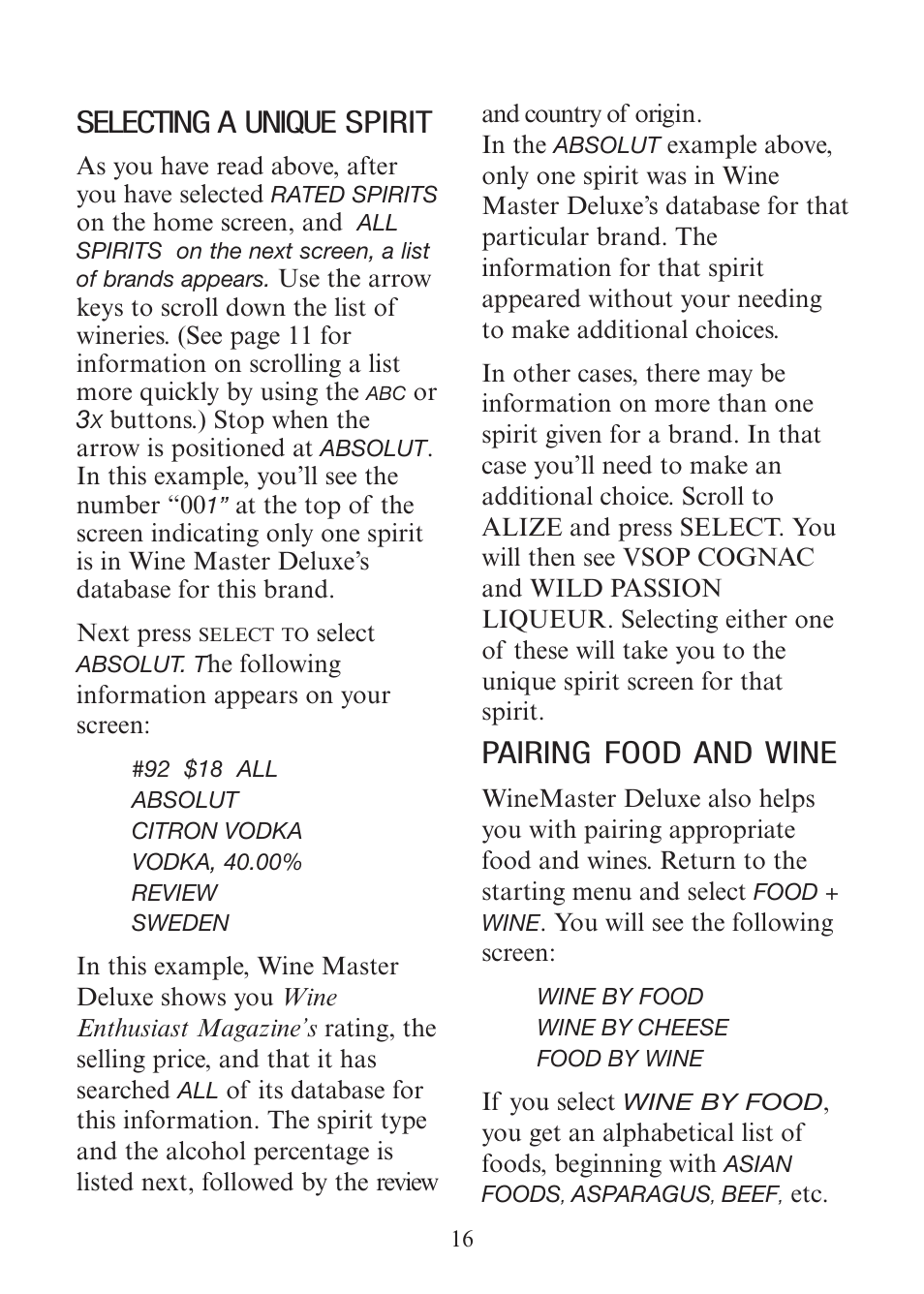 Selecting a unique spirit, Pairing food and wine | EXCALIBUR 415-06 Wine Master Deluxe Edition User Manual | Page 16 / 24