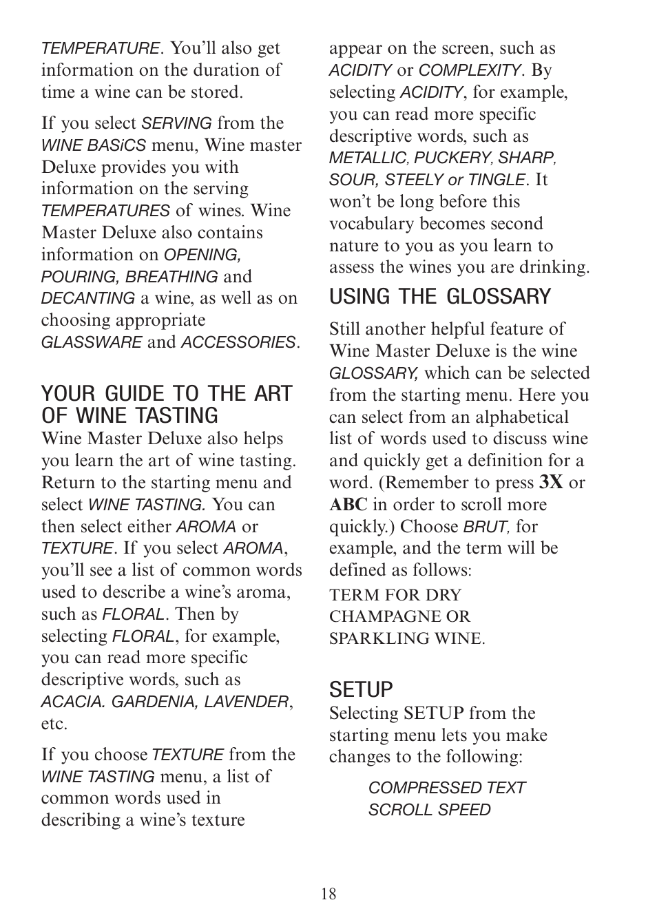 Your guide to the art of wine tasting, Using the glossary, Setup | EXCALIBUR 415-06 Wine Master Deluxe Edition User Manual | Page 18 / 24