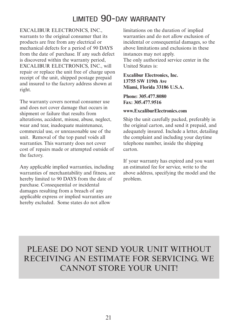 EXCALIBUR 415-06 Wine Master Deluxe Edition User Manual | Page 21 / 24