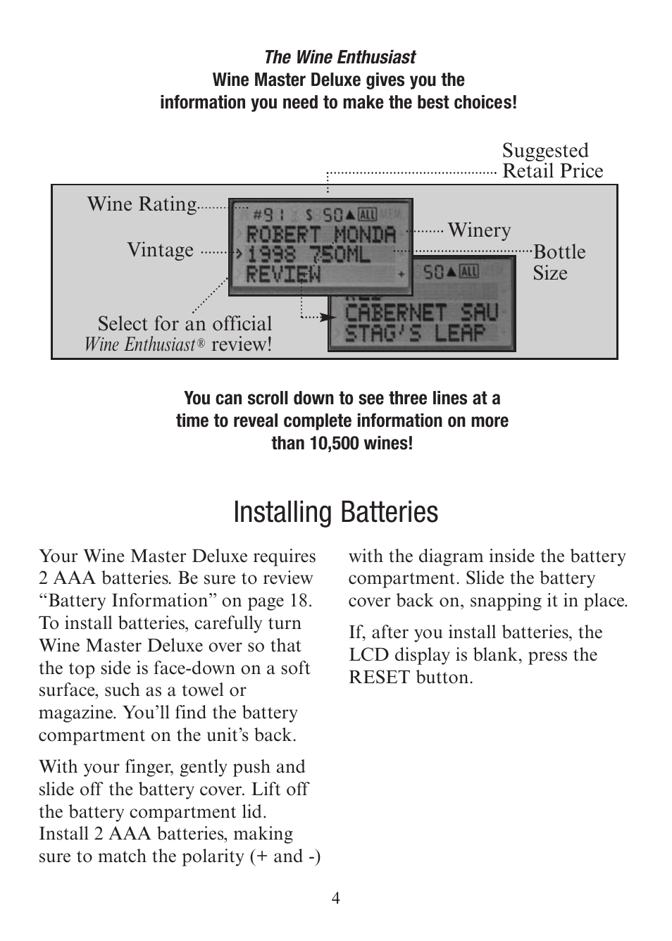 Installing batteries | EXCALIBUR 415-06 Wine Master Deluxe Edition User Manual | Page 4 / 24