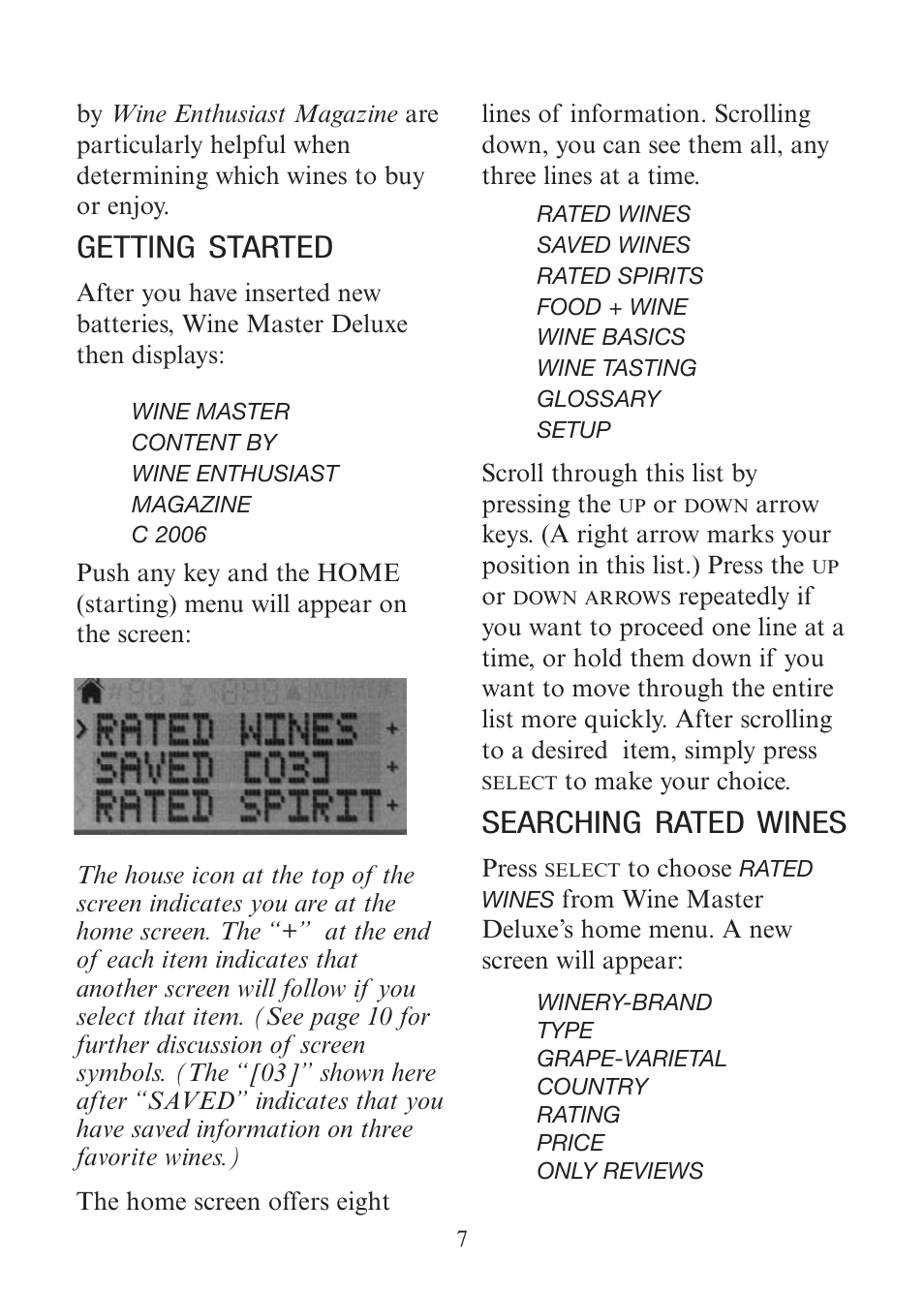 Getting started, Searching rated wines | EXCALIBUR 415-06 Wine Master Deluxe Edition User Manual | Page 7 / 24