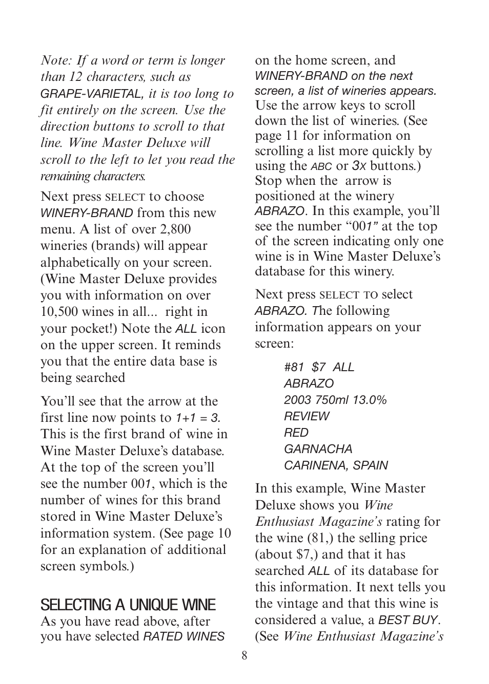 Selecting a unique wine | EXCALIBUR 415-06 Wine Master Deluxe Edition User Manual | Page 8 / 24