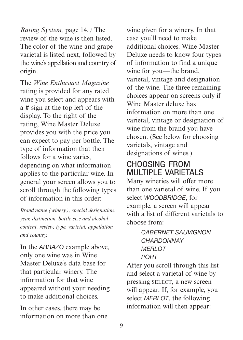 Choosing from multiple varietals | EXCALIBUR 415-06 Wine Master Deluxe Edition User Manual | Page 9 / 24